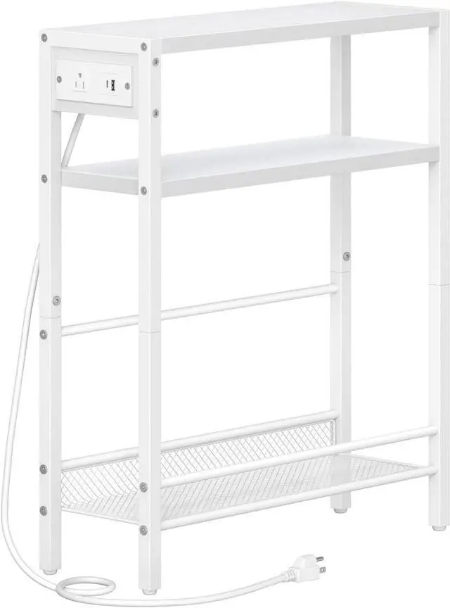 Main image of Small Narrow Side Table with Charging Station, Skinny End Table for Small Spaces, Slim Nightstand with USB Ports Outlet, Sofa Beside Table with Storage Shelf, White WT102UBZ01
