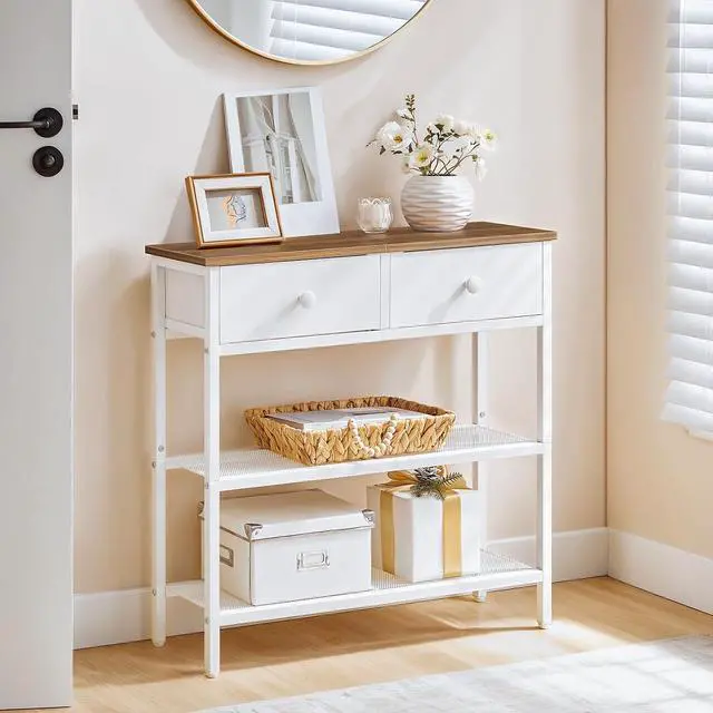 Alt view image 4 of 7 - 29.5" Narrow Console Table with 2 Fabric Drawers, Sofa Table, Small Entryway Table with 3-Tier Storage Shelves, Behind Couch Table, for Living Room, Hallway, Walnut and White WH72XG01