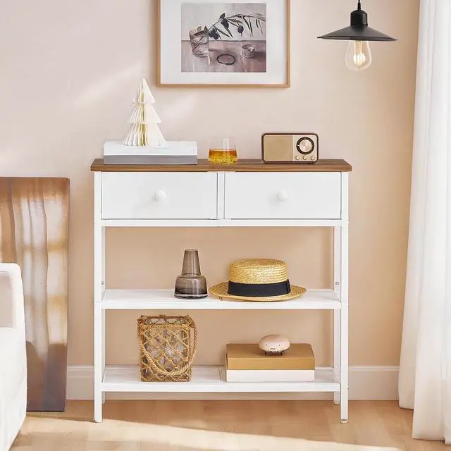 Alt view image 5 of 7 - 29.5" Narrow Console Table with 2 Fabric Drawers, Sofa Table, Small Entryway Table with 3-Tier Storage Shelves, Behind Couch Table, for Living Room, Hallway, Walnut and White WH72XG01
