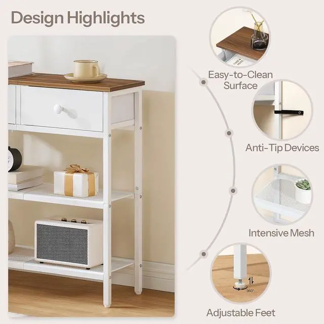 Alt view image 7 of 7 - 29.5" Narrow Console Table with 2 Fabric Drawers, Sofa Table, Small Entryway Table with 3-Tier Storage Shelves, Behind Couch Table, for Living Room, Hallway, Walnut and White WH72XG01