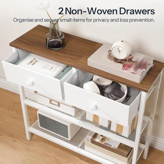 Alt view image 6 of 7 - 29.5" Narrow Console Table with 2 Fabric Drawers, Sofa Table, Small Entryway Table with 3-Tier Storage Shelves, Behind Couch Table, for Living Room, Hallway, Walnut and White WH72XG01