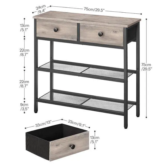 Alt view image 3 of 7 - 29.5" Narrow Console Table with 2 Fabric Drawers, Sofa Table, Small Entryway Table with 3-Tier Storage Shelves, Behind Couch Table, for Living Room, Hallway, Greige and Black BG72XG01