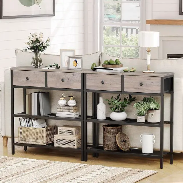 Alt view image 2 of 7 - 29.5" Narrow Console Table with 2 Fabric Drawers, Sofa Table, Small Entryway Table with 3-Tier Storage Shelves, Behind Couch Table, for Living Room, Hallway, Greige and Black BG72XG01