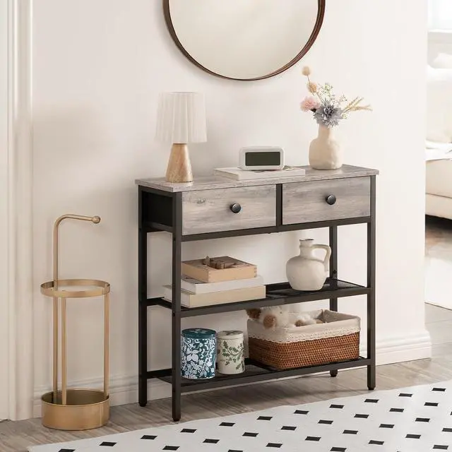Alt view image 4 of 7 - 29.5" Narrow Console Table with 2 Fabric Drawers, Sofa Table, Small Entryway Table with 3-Tier Storage Shelves, Behind Couch Table, for Living Room, Hallway, Greige and Black BG72XG01