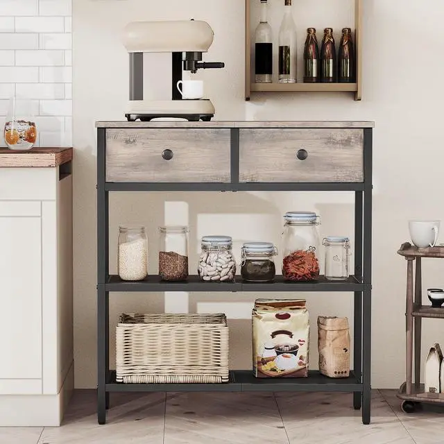 Alt view image 5 of 7 - 29.5" Narrow Console Table with 2 Fabric Drawers, Sofa Table, Small Entryway Table with 3-Tier Storage Shelves, Behind Couch Table, for Living Room, Hallway, Greige and Black BG72XG01