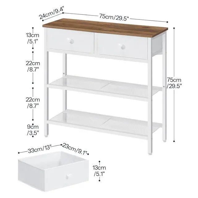 Alt view image 3 of 7 - 29.5" Narrow Console Table with 2 Fabric Drawers, Sofa Table, Small Entryway Table with 3-Tier Storage Shelves, Behind Couch Table, for Living Room, Hallway, Walnut and White WH72XG01
