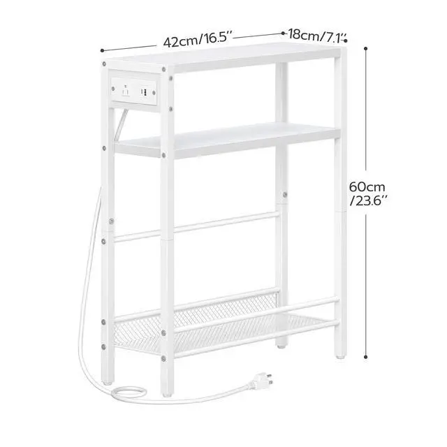 Alt view image 3 of 7 - Small Narrow Side Table with Charging Station, Skinny End Table for Small Spaces, Slim Nightstand with USB Ports Outlet, Sofa Beside Table with Storage Shelf, White WT102UBZ01