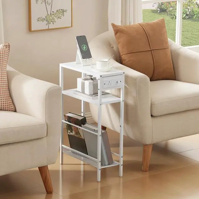 Alt view image 2 of 7 - Small Narrow Side Table with Charging Station, Skinny End Table for Small Spaces, Slim Nightstand with USB Ports Outlet, Sofa Beside Table with Storage Shelf, White WT102UBZ01
