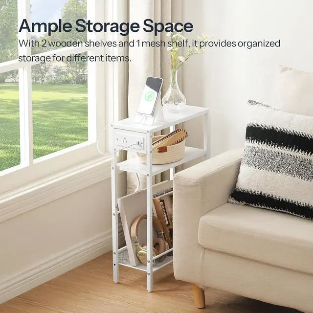 Alt view image 5 of 7 - Small Narrow Side Table with Charging Station, Skinny End Table for Small Spaces, Slim Nightstand with USB Ports Outlet, Sofa Beside Table with Storage Shelf, White WT102UBZ01