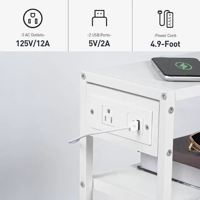 Alt view image 7 of 7 - Small Narrow Side Table with Charging Station, Skinny End Table for Small Spaces, Slim Nightstand with USB Ports Outlet, Sofa Beside Table with Storage Shelf, White WT102UBZ01