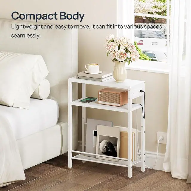 Alt view image 4 of 7 - Small Narrow Side Table with Charging Station, Skinny End Table for Small Spaces, Slim Nightstand with USB Ports Outlet, Sofa Beside Table with Storage Shelf, White WT102UBZ01