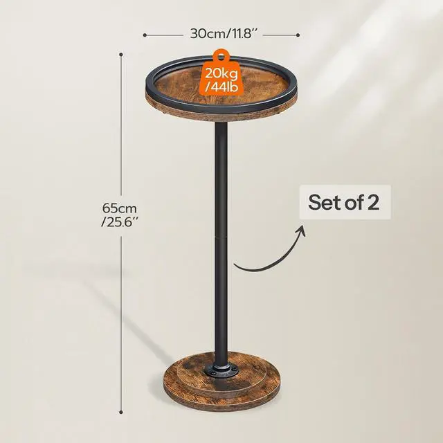 Alt view image 3 of 7 - Small Round Side Tables, Set of 2, Drink Tables, Coffee Martini Tables with Pedestal Accent for Small Spaces in Living Room, Bedroom, Sofa Couch, Rustic Brown BF168BZP201