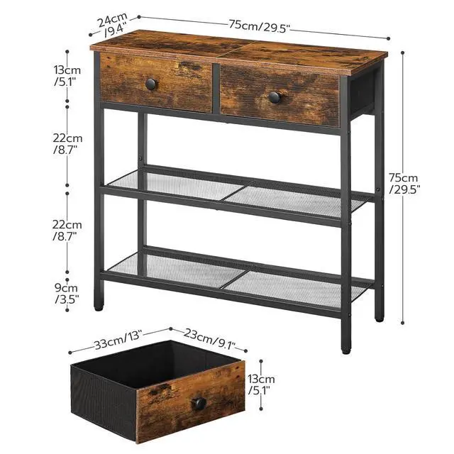 Alt view image 3 of 7 - 29.5" Narrow Console Table with 2 Fabric Drawers, Sofa Table, Small Entryway Table with 3-Tier Storage Shelves, Behind Couch Table, for Living Room, Hallway, Rustic Brown and Black BF72XG01