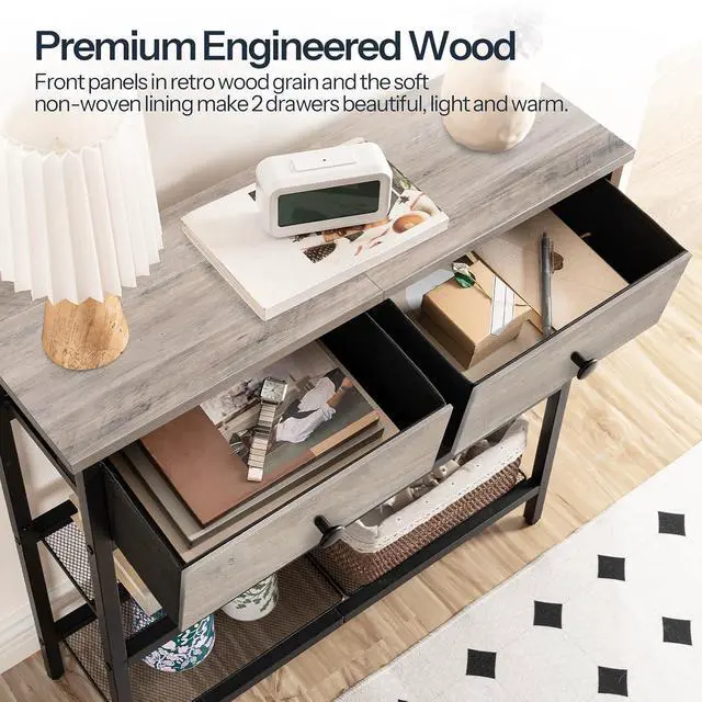 Alt view image 6 of 7 - 29.5" Narrow Console Table with 2 Fabric Drawers, Sofa Table, Small Entryway Table with 3-Tier Storage Shelves, Behind Couch Table, for Living Room, Hallway, Greige and Black BG72XG01