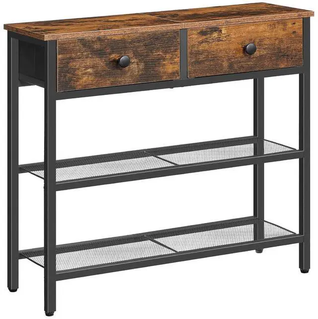 Main image of 29.5" Narrow Console Table with 2 Fabric Drawers, Sofa Table, Small Entryway Table with 3-Tier Storage Shelves, Behind Couch Table, for Living Room, Hallway, Rustic Brown and Black BF72XG01