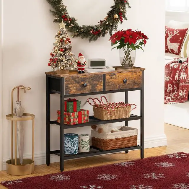 Alt view image 4 of 7 - 29.5" Narrow Console Table with 2 Fabric Drawers, Sofa Table, Small Entryway Table with 3-Tier Storage Shelves, Behind Couch Table, for Living Room, Hallway, Rustic Brown and Black BF72XG01