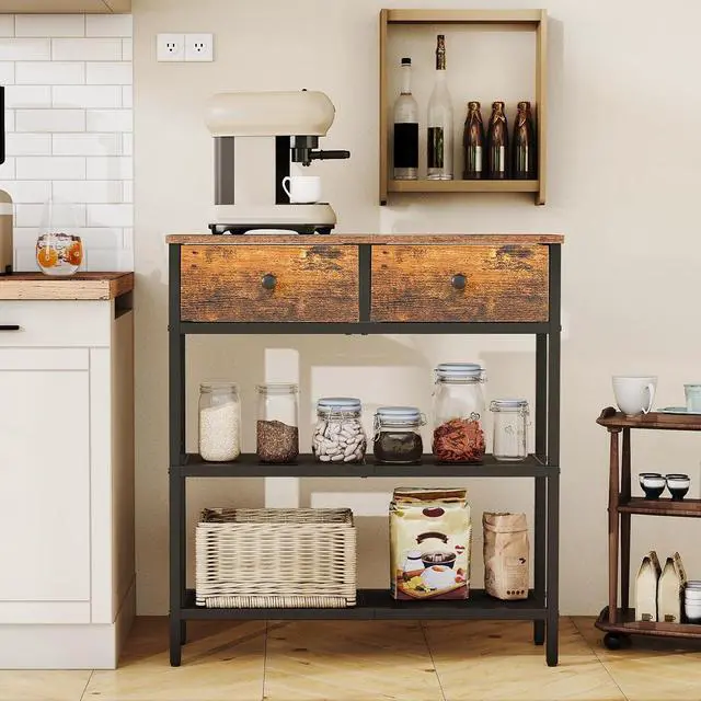 Alt view image 6 of 7 - 29.5" Narrow Console Table with 2 Fabric Drawers, Sofa Table, Small Entryway Table with 3-Tier Storage Shelves, Behind Couch Table, for Living Room, Hallway, Rustic Brown and Black BF72XG01