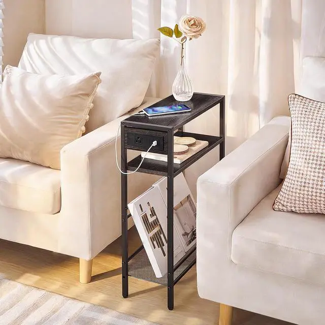 Alt view image 2 of 7 - Small Narrow Side Table with Charging Station, Skinny End Table for Small Spaces, Slim Nightstand with USB Ports Outlet, Sofa Beside Table with Storage Shelf, Charcoal Black BC102UBZ01