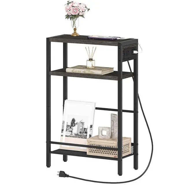 Alt view image 4 of 7 - Small Narrow Side Table with Charging Station, Skinny End Table for Small Spaces, Slim Nightstand with USB Ports Outlet, Sofa Beside Table with Storage Shelf, Charcoal Black BC102UBZ01