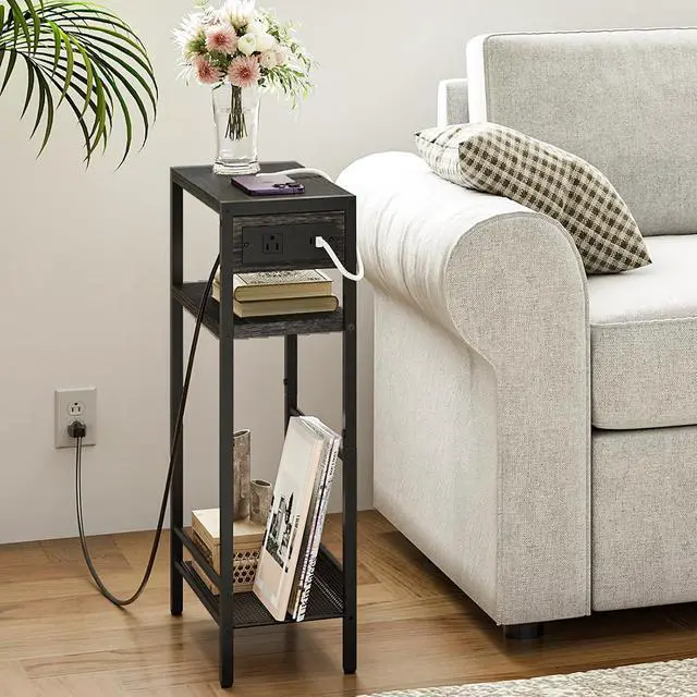 Alt view image 5 of 7 - Small Narrow Side Table with Charging Station, Skinny End Table for Small Spaces, Slim Nightstand with USB Ports Outlet, Sofa Beside Table with Storage Shelf, Charcoal Black BC102UBZ01