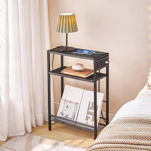 Alt view image 6 of 7 - Small Narrow Side Table with Charging Station, Skinny End Table for Small Spaces, Slim Nightstand with USB Ports Outlet, Sofa Beside Table with Storage Shelf, Charcoal Black BC102UBZ01