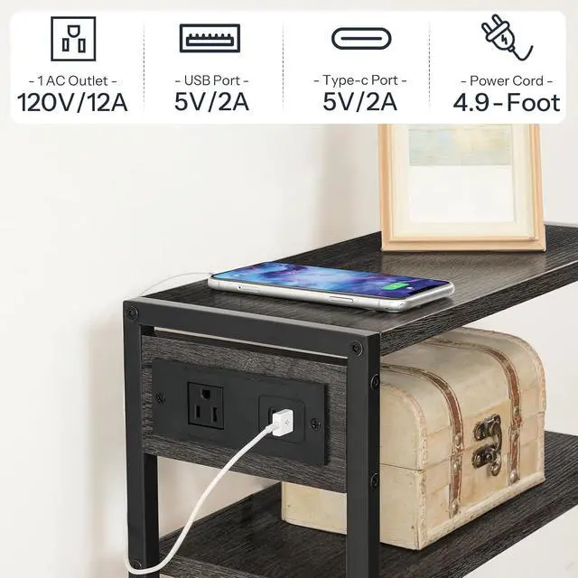 Alt view image 7 of 7 - Small Narrow Side Table with Charging Station, Skinny End Table for Small Spaces, Slim Nightstand with USB Ports Outlet, Sofa Beside Table with Storage Shelf, Charcoal Black BC102UBZ01