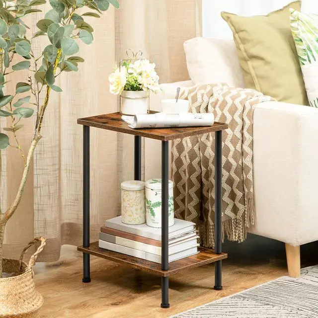Alt view image 2 of 7 - End Table, Small Side Table, Nightstand with 2-Layer Storage Shelves, Sofa Table for Small Spaces, Living Room, Bedroom, Stable Frame, Easy Assembly, Rustic Brown BF09BZ01