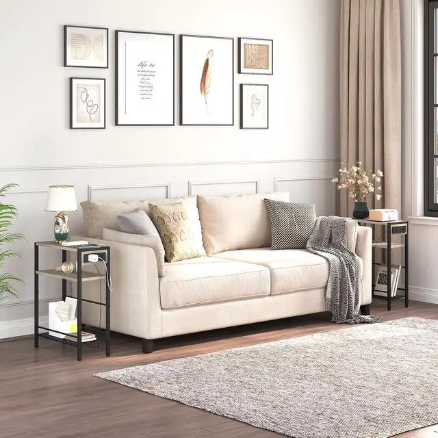 Alt view image 6 of 7 - Small Narrow Side Table with Charging Station Set of 2, Skinny End Table for Small Spaces, Slim Nightstand with USB Ports Outlet, Sofa Beside Table with Storage Shelf BG102UBZP201