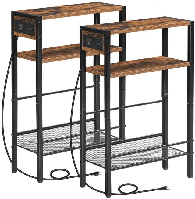 Main image of Small Narrow Side Table with Charging Station Set of 2, Skinny End Table for Small Spaces, Slim Nightstand with USB Ports Outlet, Sofa Beside Table with Storage Shelf BF102UBZP201