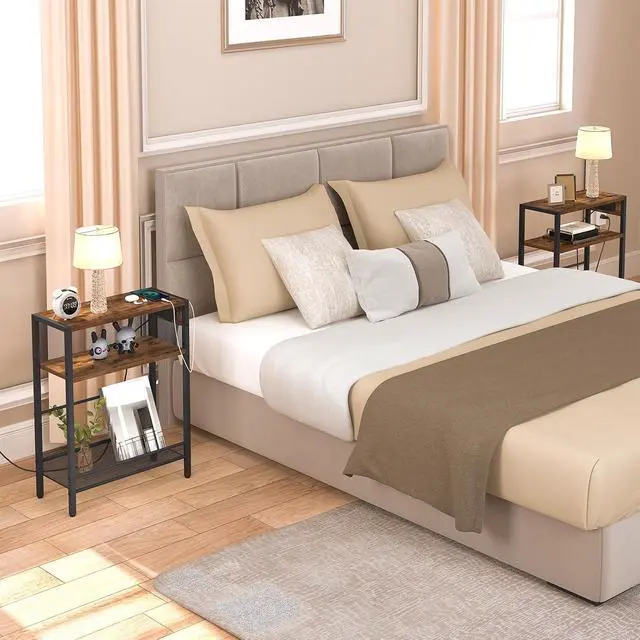 Alt view image 2 of 7 - Small Narrow Side Table with Charging Station Set of 2, Skinny End Table for Small Spaces, Slim Nightstand with USB Ports Outlet, Sofa Beside Table with Storage Shelf BF102UBZP201