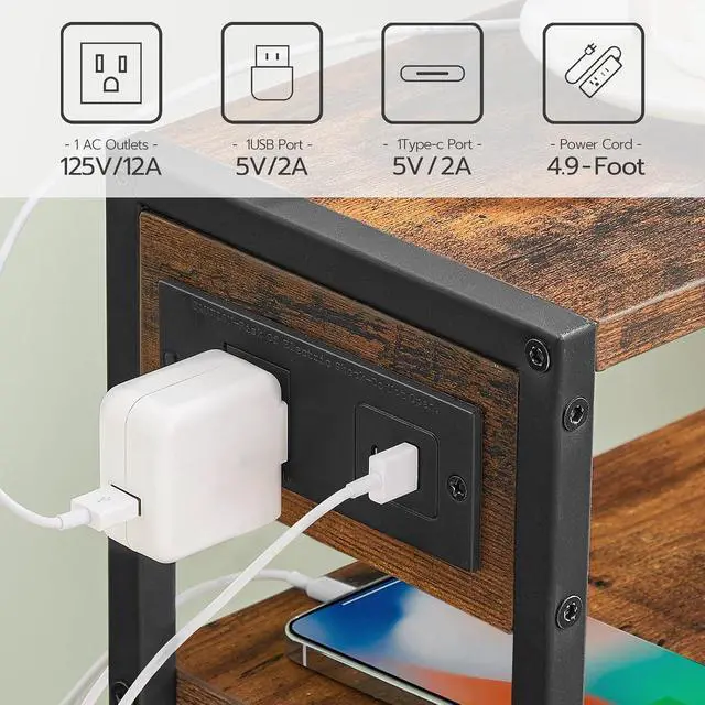 Alt view image 5 of 7 - Small Narrow Side Table with Charging Station Set of 2, Skinny End Table for Small Spaces, Slim Nightstand with USB Ports Outlet, Sofa Beside Table with Storage Shelf BF102UBZP201