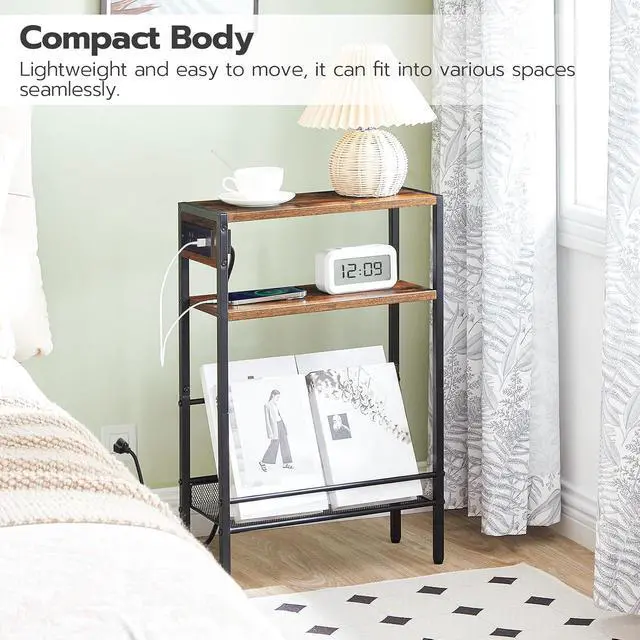 Alt view image 4 of 7 - Small Narrow Side Table with Charging Station Set of 2, Skinny End Table for Small Spaces, Slim Nightstand with USB Ports Outlet, Sofa Beside Table with Storage Shelf BF102UBZP201