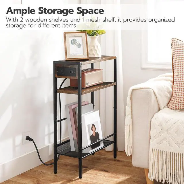 Alt view image 7 of 7 - Small Narrow Side Table with Charging Station Set of 2, Skinny End Table for Small Spaces, Slim Nightstand with USB Ports Outlet, Sofa Beside Table with Storage Shelf BF102UBZP201