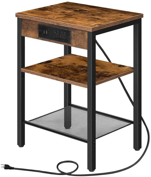 Main image of Side Table with Charging Station and USB Port, Small End Table for Small Space, 3-Tier Nightstand with Adjustable Shelf, for Living Room, Bedroom, Rustic Brown BF112BZ01