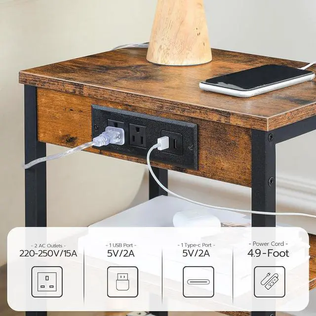 Alt view image 4 of 7 - Side Table with Charging Station and USB Port, Small End Table for Small Space, 3-Tier Nightstand with Adjustable Shelf, for Living Room, Bedroom, Rustic Brown BF112BZ01