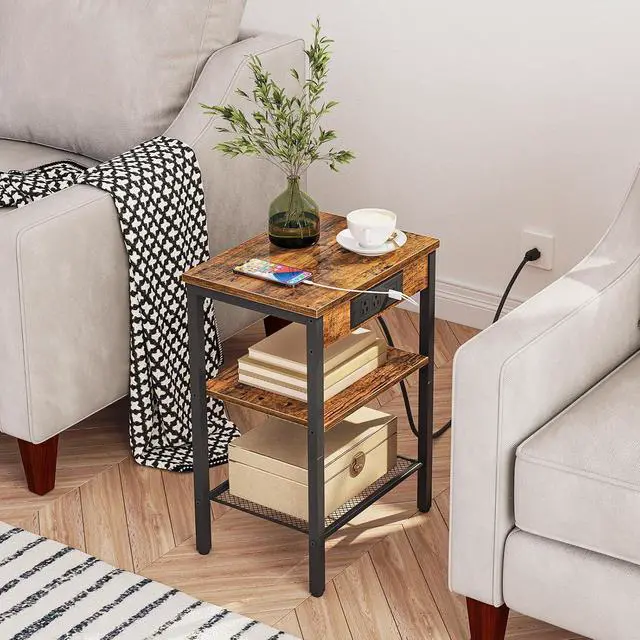 Alt view image 5 of 7 - Side Table with Charging Station and USB Port, Small End Table for Small Space, 3-Tier Nightstand with Adjustable Shelf, for Living Room, Bedroom, Rustic Brown BF112BZ01
