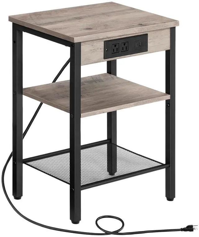 Main image of Side Table with Charging Station and USB Port, Small End Table for Small Space, 3-Tier Nightstand with Adjustable Shelf, for Living Room, Bedroom, Greige and Black BG112BZ01