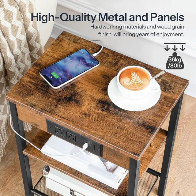 Alt view image 7 of 7 - Side Table with Charging Station and USB Port, Small End Table for Small Space, 3-Tier Nightstand with Adjustable Shelf, for Living Room, Bedroom, Rustic Brown BF112BZ01
