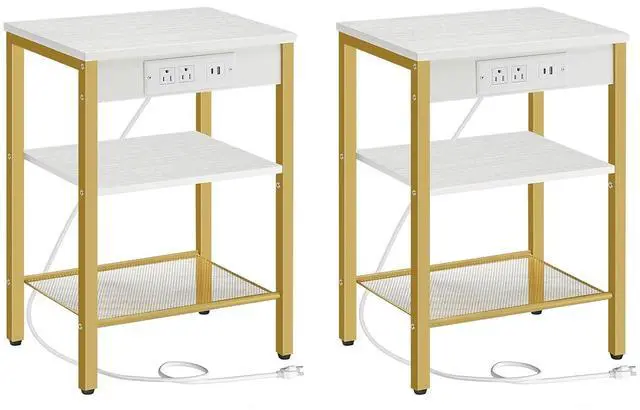 Main image of Side Tables Set of 2 with Charging Station and USB Port, Small End Tables for Small Space, 3-Tier Nightstands with Adjustable Shelf, for Living Room, Bedroom, White and Gold DW112BZP201G1