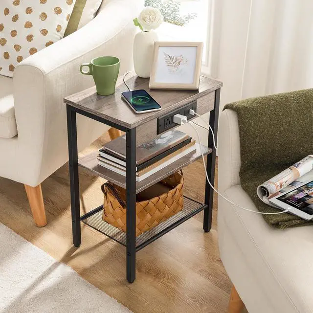 Alt view image 4 of 7 - Side Table with Charging Station and USB Port, Small End Table for Small Space, 3-Tier Nightstand with Adjustable Shelf, for Living Room, Bedroom, Greige and Black BG112BZ01
