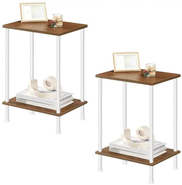 Main image of End Tables Set of 2, Small Side Table, Nightstand with 2-Layer Storage Shelves, Sofa Table for Small Spaces, Living Room, Bedroom, Stable Frame, Easy Assembly, Walnut and White WH09BZP201