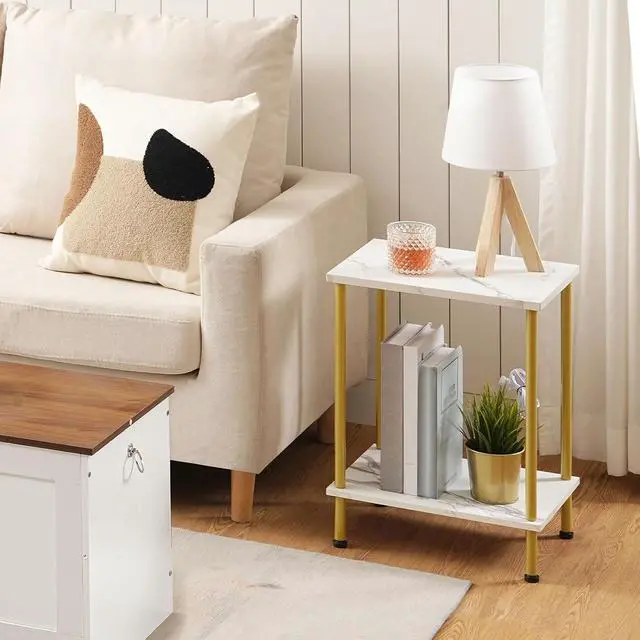 Alt view image 7 of 7 - End Table, Small Side Table, Nightstand with 2-Layer Storage Shelves, Sofa Table for Small Spaces, Living Room, Bedroom, Stable Frame, Easy Assembly, Gold and Marble DM09BZ01