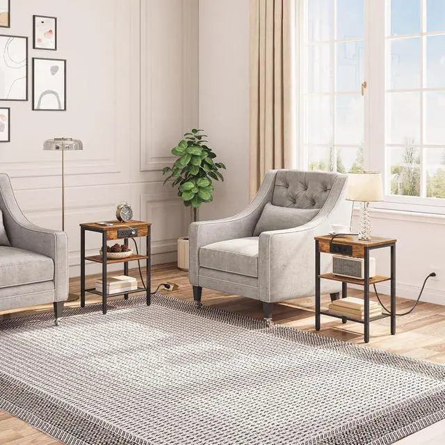 Alt view image 2 of 7 - Side Tables Set of 2 with Charging Station and USB Port, Small End Tables for Small Space, 3-Tier Nightstands with Adjustable Shelf, for Living Room, Bedroom, Rustic Brown BF112BZP201
