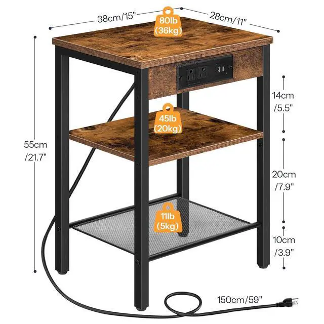 Alt view image 3 of 7 - Side Tables Set of 2 with Charging Station and USB Port, Small End Tables for Small Space, 3-Tier Nightstands with Adjustable Shelf, for Living Room, Bedroom, Rustic Brown BF112BZP201