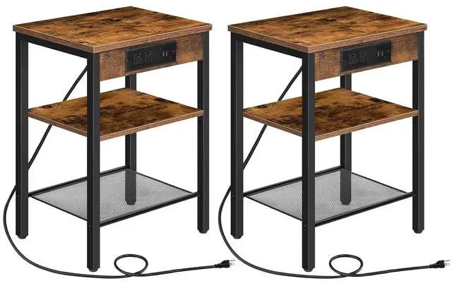 Main image of Side Tables Set of 2 with Charging Station and USB Port, Small End Tables for Small Space, 3-Tier Nightstands with Adjustable Shelf, for Living Room, Bedroom, Rustic Brown BF112BZP201