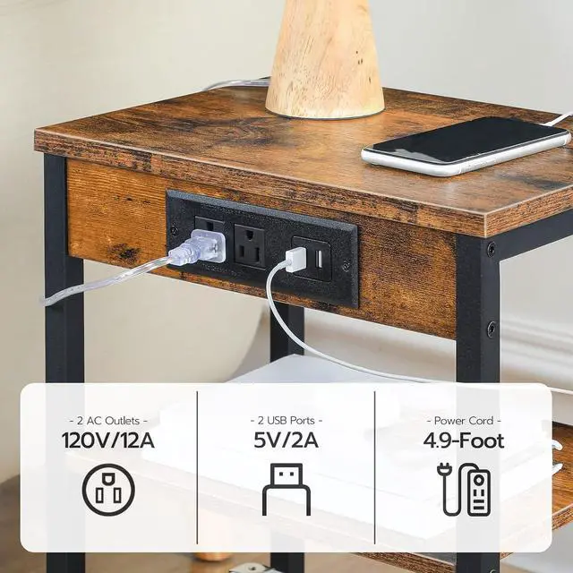 Alt view image 5 of 7 - Side Tables Set of 2 with Charging Station and USB Port, Small End Tables for Small Space, 3-Tier Nightstands with Adjustable Shelf, for Living Room, Bedroom, Rustic Brown BF112BZP201