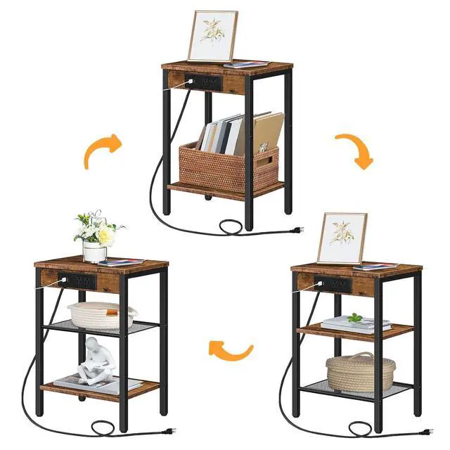 Alt view image 7 of 7 - Side Tables Set of 2 with Charging Station and USB Port, Small End Tables for Small Space, 3-Tier Nightstands with Adjustable Shelf, for Living Room, Bedroom, Rustic Brown BF112BZP201