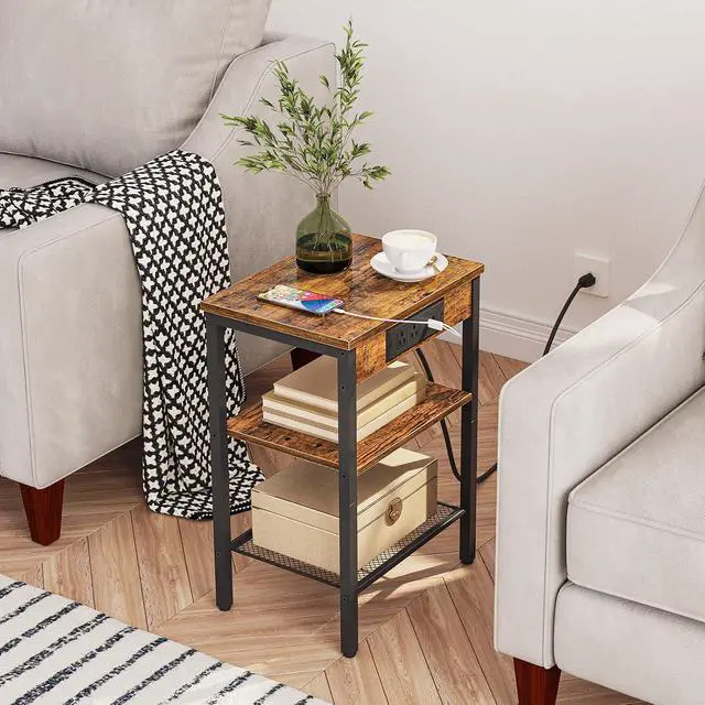 Alt view image 6 of 7 - Side Tables Set of 2 with Charging Station and USB Port, Small End Tables for Small Space, 3-Tier Nightstands with Adjustable Shelf, for Living Room, Bedroom, Rustic Brown BF112BZP201
