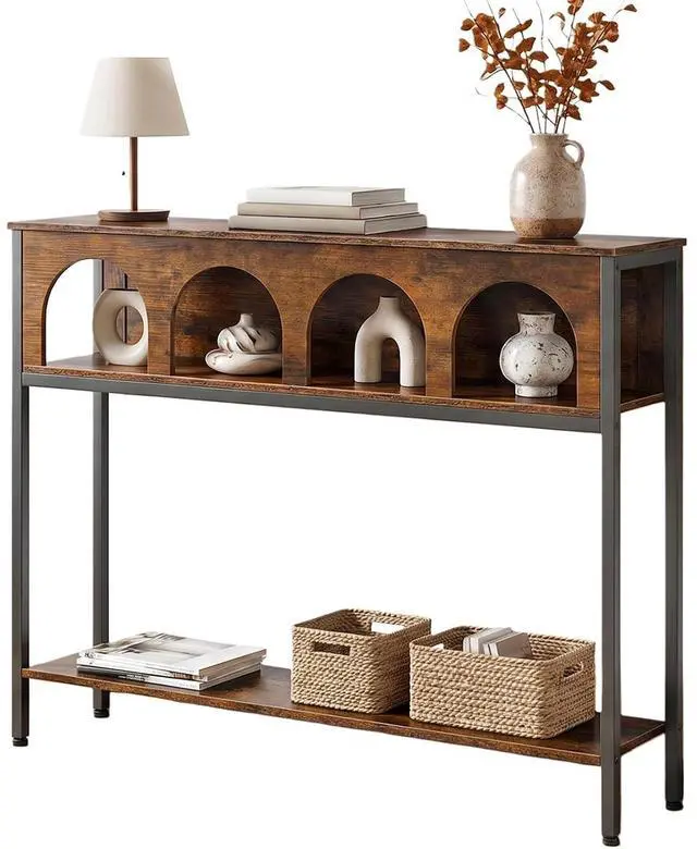 Main image of Narrow Console Table, Entryway Table with 3-Tier Storage, Sofa Table, Behind Couch Table with Arched Design for Living Room, Entrance, Hallway, Rustic Brown and Black BF106XG01