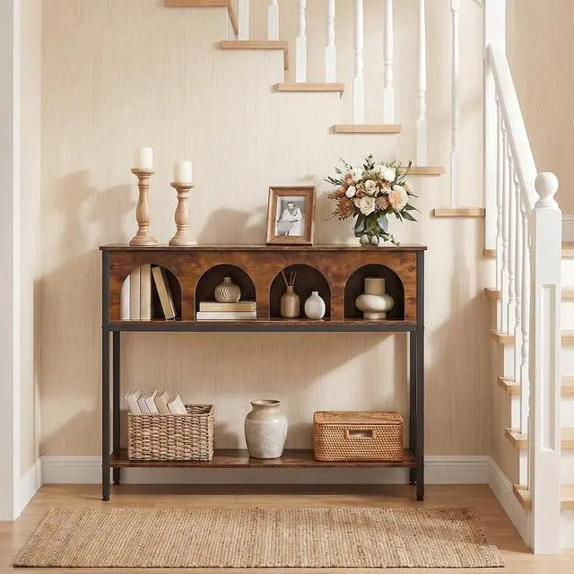 Alt view image 2 of 7 - Narrow Console Table, Entryway Table with 3-Tier Storage, Sofa Table, Behind Couch Table with Arched Design for Living Room, Entrance, Hallway, Rustic Brown and Black BF106XG01